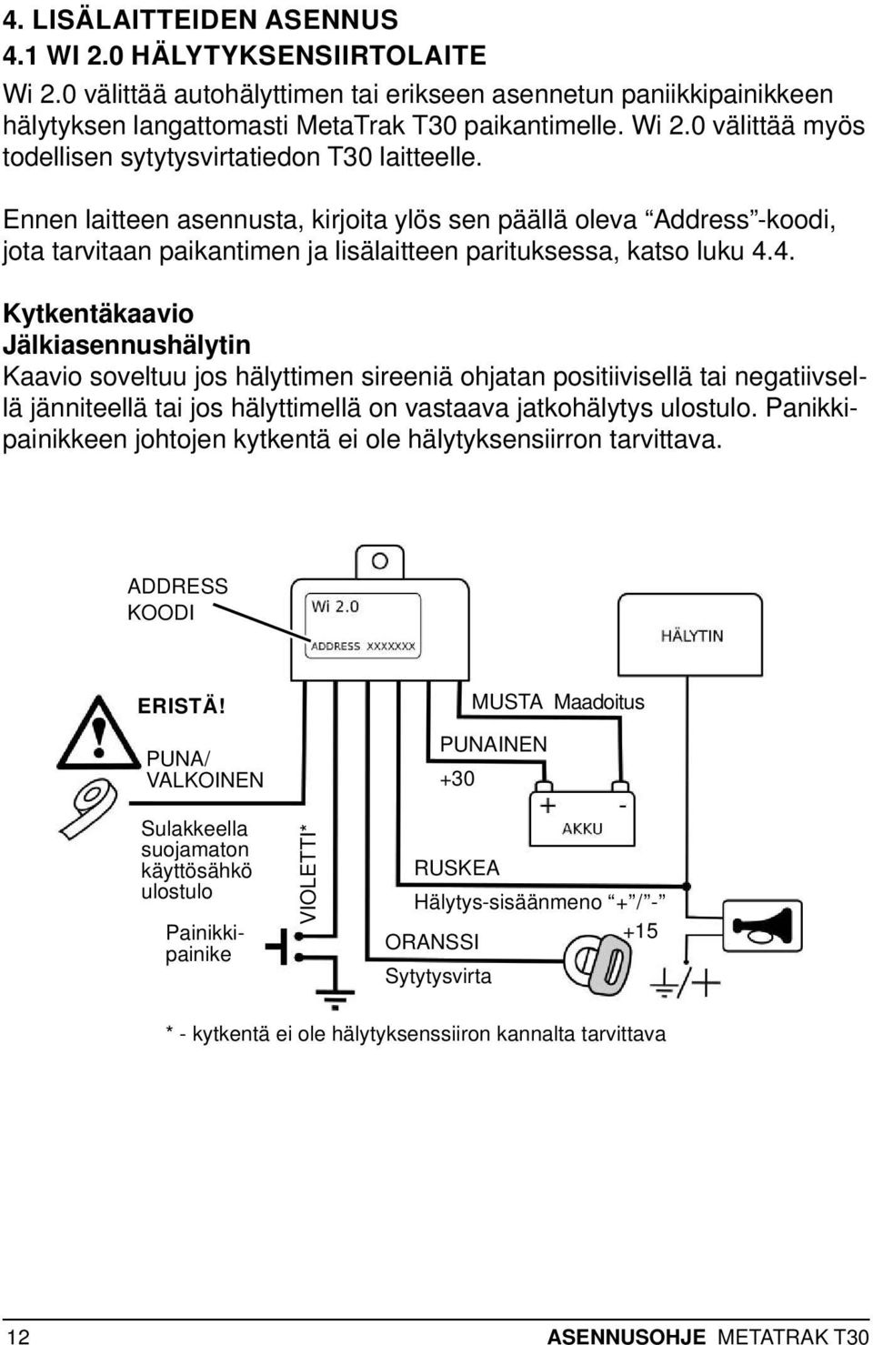 4. Kytkentäkaavio Jälkiasennushälytin Kaavio soveltuu jos hälyttimen sireeniä ohjatan positiivisellä tai negatiivsellä jänniteellä tai jos hälyttimellä on vastaava jatkohälytys ulostulo.