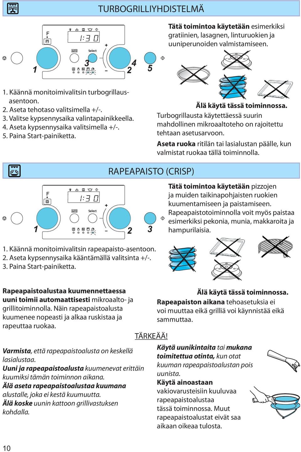 Turbogrillausta käytettäessä suurin mahdollinen mikroaaltoteho on rajoitettu tehtaan asetusarvoon. Aseta ruoka ritilän tai lasialustan päälle, kun valmistat ruokaa tällä toiminnolla.