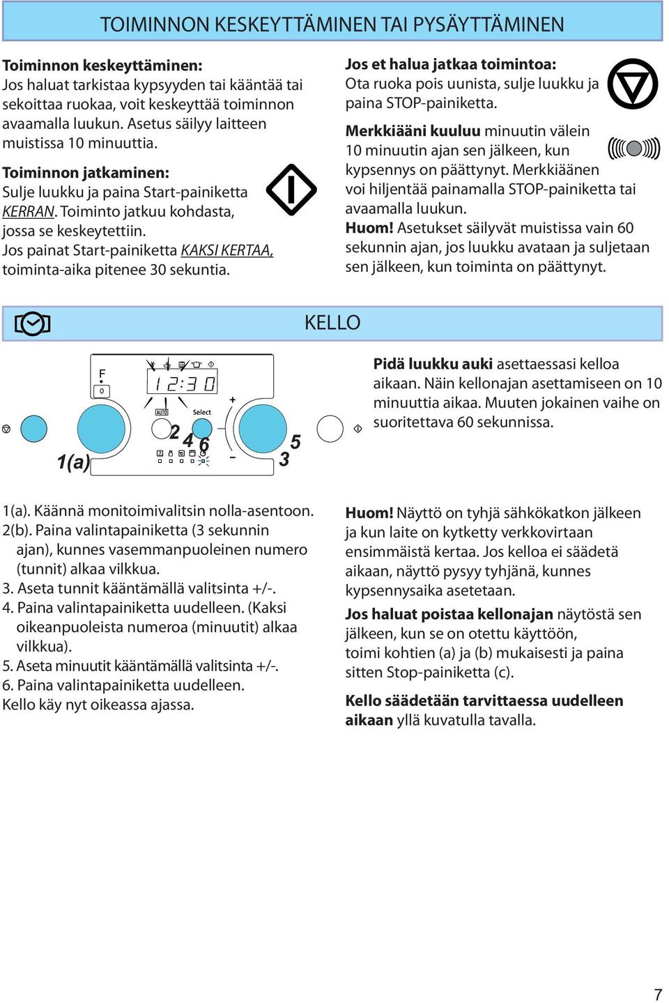 Jos painat Start-painiketta KAKSI KERTAA, toiminta-aika pitenee 30 sekuntia. Jos et halua jatkaa toimintoa: Ota ruoka pois uunista, sulje luukku ja paina STOP-painiketta.