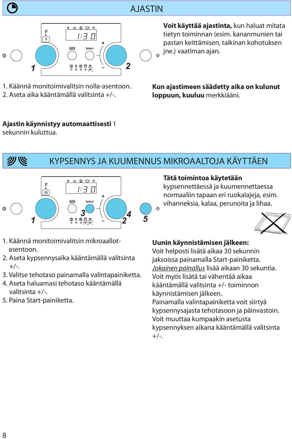 KYPSENNYS JA KUUMENNUS MIKROAALTOJA KÄYTTÄEN 1 3 2 4 5 Tätä toimintoa käytetään kypsennettäessä ja kuumennettaessa normaaliin tapaan eri ruokalajeja, esim. vihanneksia, kalaa, perunoita ja lihaa. 1. Käännä monitoimivalitsin mikroaallotasentoon.