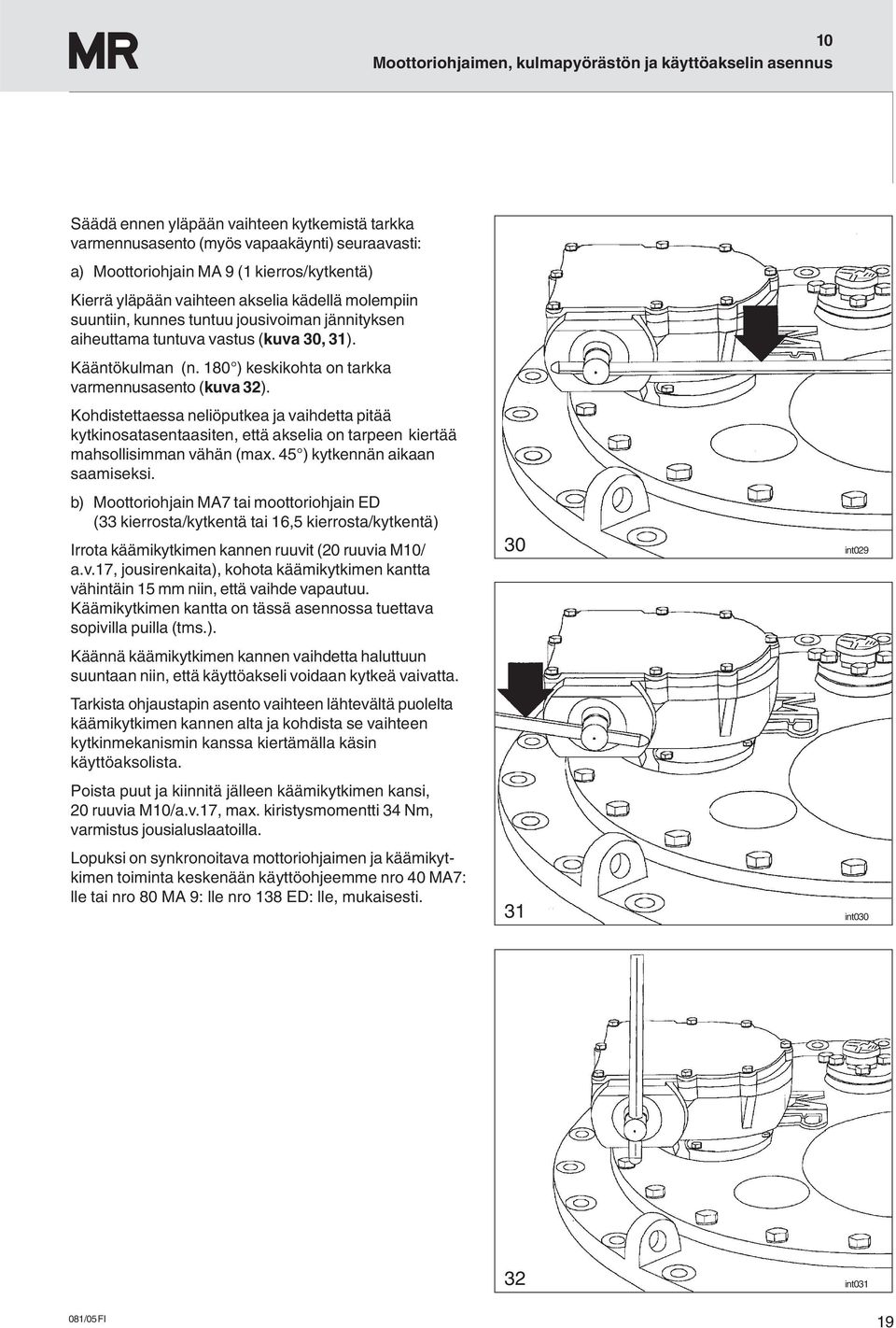 180 ) keskikohta on tarkka varmennusasento (kuva 32). Kohdistettaessa neliöputkea ja vaihdetta pitää kytkinosatasentaasiten, että akselia on tarpeen kiertää mahsollisimman vähän (max.