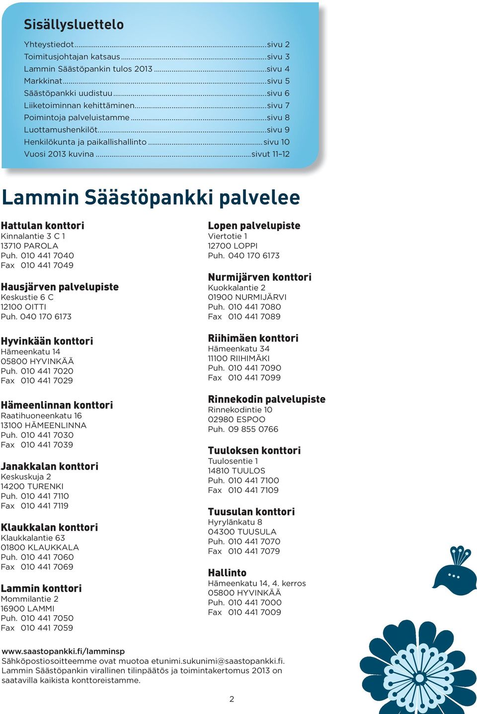 ..sivut 11 12 Lammin Säästöpankki palvelee Hattulan konttori Kinnalantie 3 C 1 13710 PAROLA Puh. 010 441 7040 Fax 010 441 7049 Hausjärven palvelupiste Keskustie 6 C 12100 OITTI Puh.