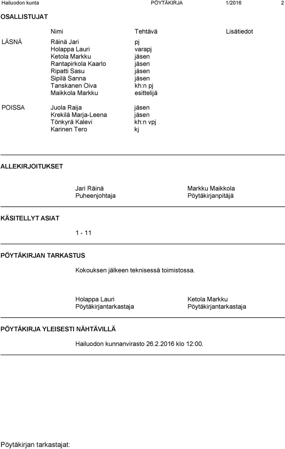 Karinen Tero kj ALLEKIRJOITUKSET Jari Räinä Puheenjohtaja Markku Maikkola Pöytäkirjanpitäjä KÄSITELLYT ASIAT 1-11 PÖYTÄKIRJAN TARKASTUS Kokouksen jälkeen