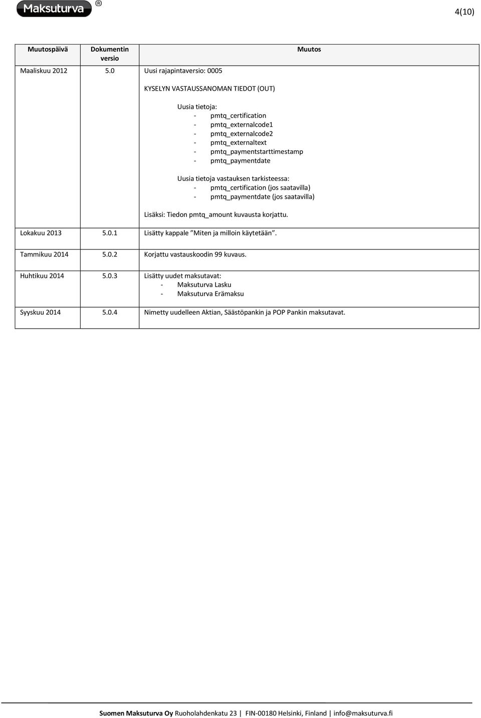 pmtq_paymentstarttimestamp - pmtq_paymentdate Uusia tietoja vastauksen tarkisteessa: - pmtq_certification (jos saatavilla) - pmtq_paymentdate (jos saatavilla) Lisäksi: Tiedon