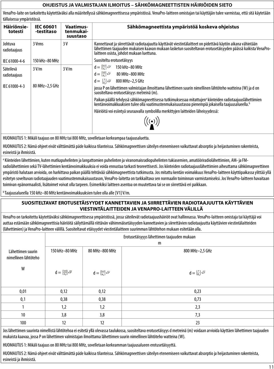 Johtuva radiotaajuus IEC 61000-4-6 Säteilevä radiotaajuus IEC 61000-4-3 IEC 60601 -testitaso 3 Vrms 150 khz 80 MHz 3 V/m 80 MHz 2,5 GHz Häiriönsietotesti Vaatimustenmukaisuustaso Sähkömagneettista