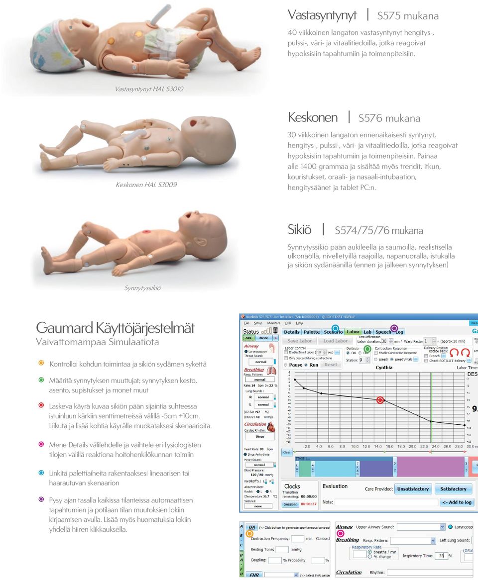 ja toimenpiteisiin. Painaa alle 1400 grammaa ja sisältää myös trendit, itkun, kouristukset, oraali- ja nasaali-intubaation, hengitysäänet ja tablet PC:n.