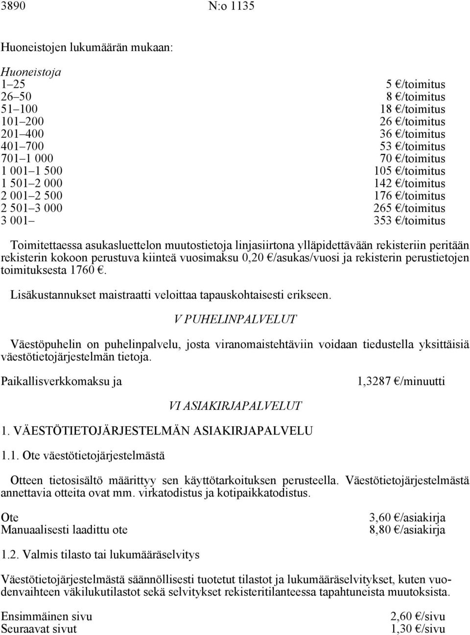 rekisteriin peritään rekisterin kokoon perustuva kiinteä vuosimaksu 0,20 /asukas/vuosi ja rekisterin perustietojen toimituksesta 1760.