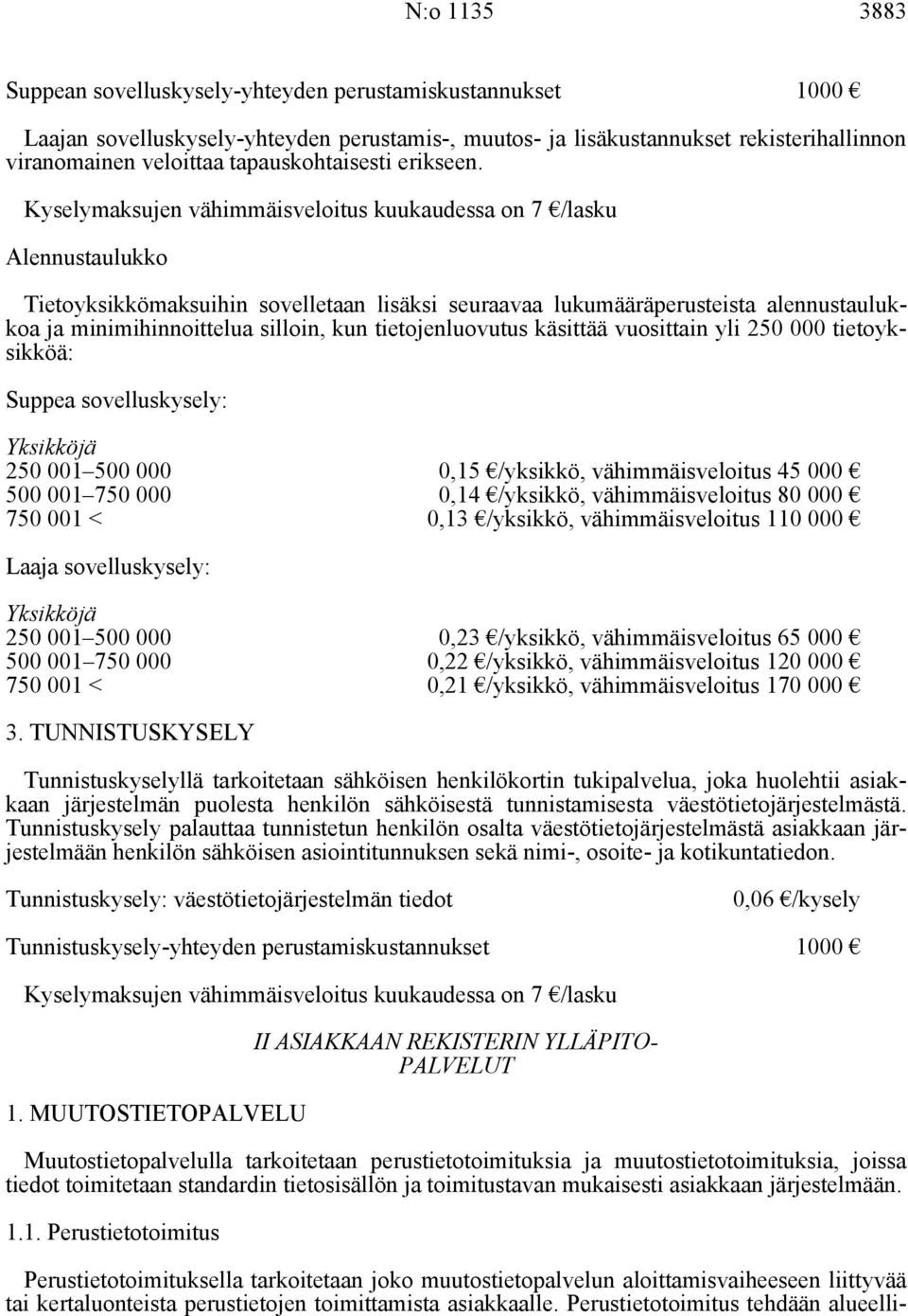 Kyselymaksujen vähimmäisveloitus kuukaudessa on 7 /lasku Alennustaulukko Tietoyksikkömaksuihin sovelletaan lisäksi seuraavaa lukumääräperusteista alennustaulukkoa ja minimihinnoittelua silloin, kun