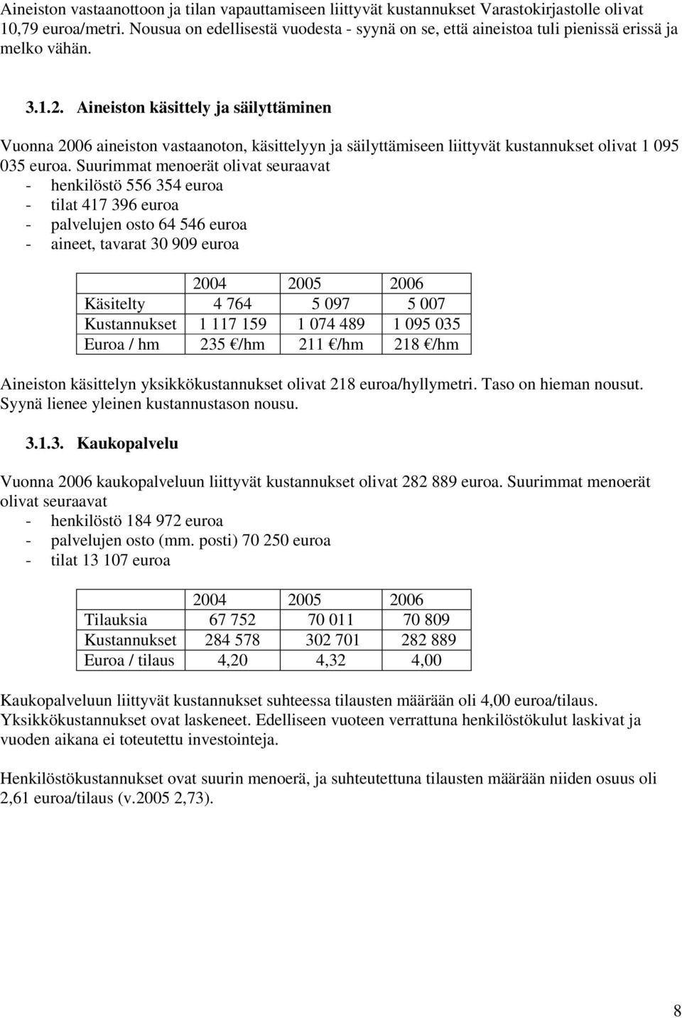 Aineiston käsittely ja säilyttäminen Vuonna 2006 aineiston vastaanoton, käsittelyyn ja säilyttämiseen liittyvät kustannukset olivat 1 095 035 euroa.