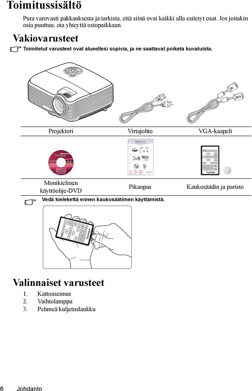 Vakiovarusteet Toimitetut varusteet ovat alueellesi sopivia, ja ne saattavat poiketa kuvatuista.