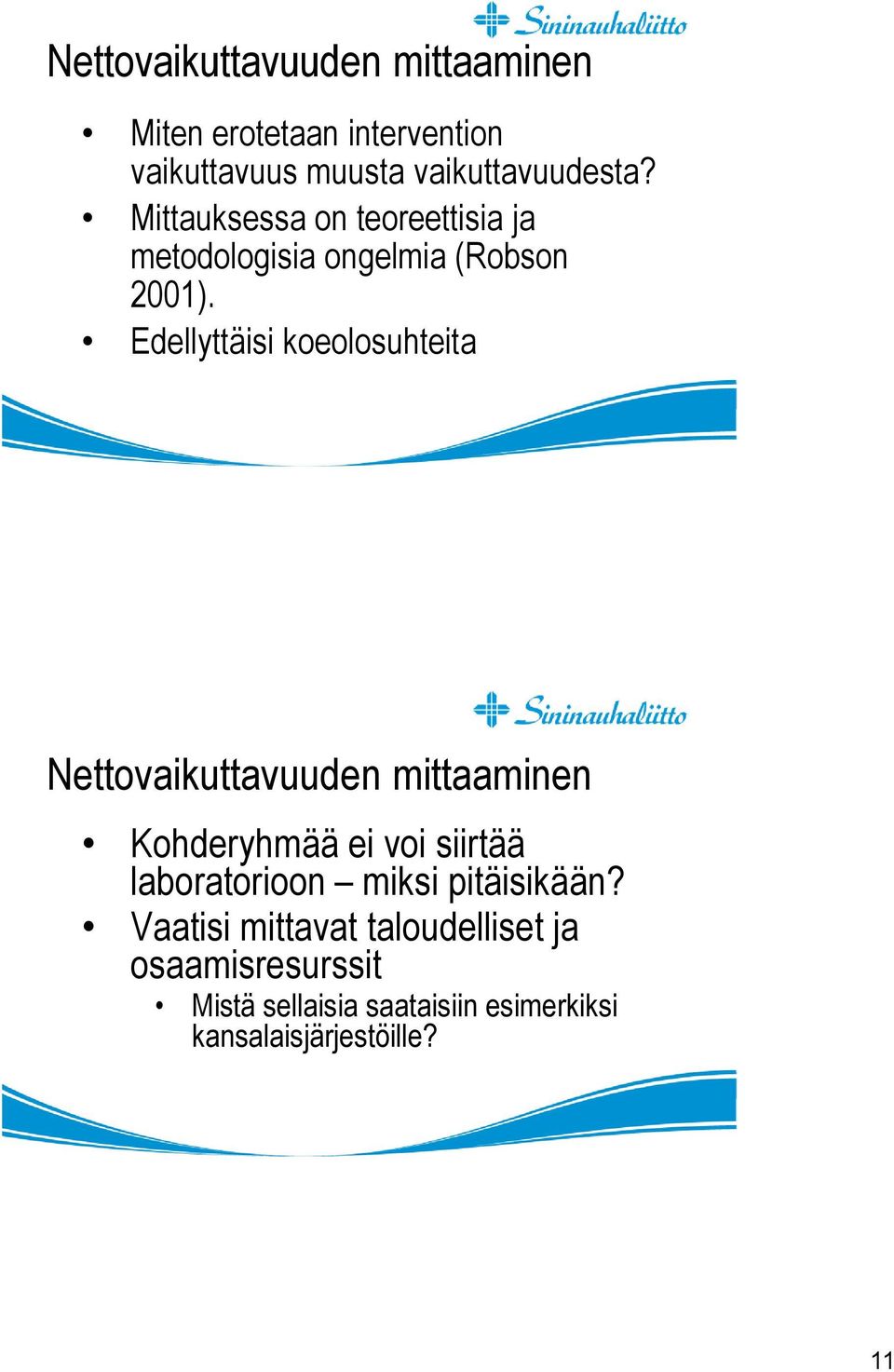 Edellyttäisi koeolosuhteita Nettovaikuttavuuden mittaaminen Kohderyhmää ei voi siirtää laboratorioon