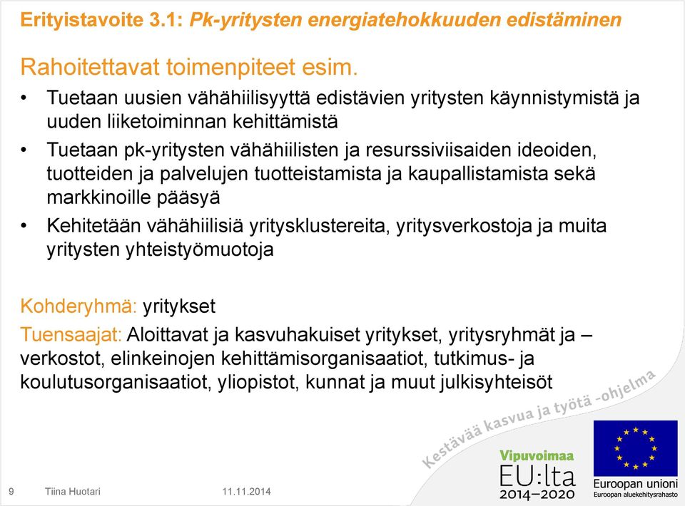 ideoiden, tuotteiden ja palvelujen tuotteistamista ja kaupallistamista sekä markkinoille pääsyä Kehitetään vähähiilisiä yritysklustereita, yritysverkostoja ja muita