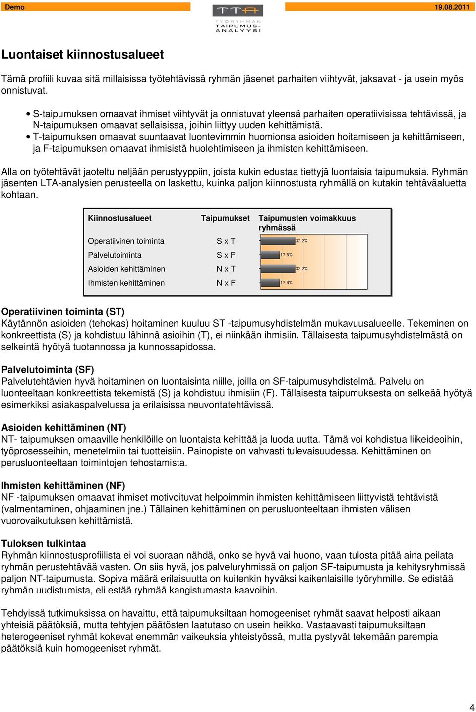 T-taipumuksen omaavat suuntaavat luontevimmin huomionsa asioiden hoitamiseen ja kehittämiseen, ja F-taipumuksen omaavat ihmisistä huolehtimiseen ja ihmisten kehittämiseen.