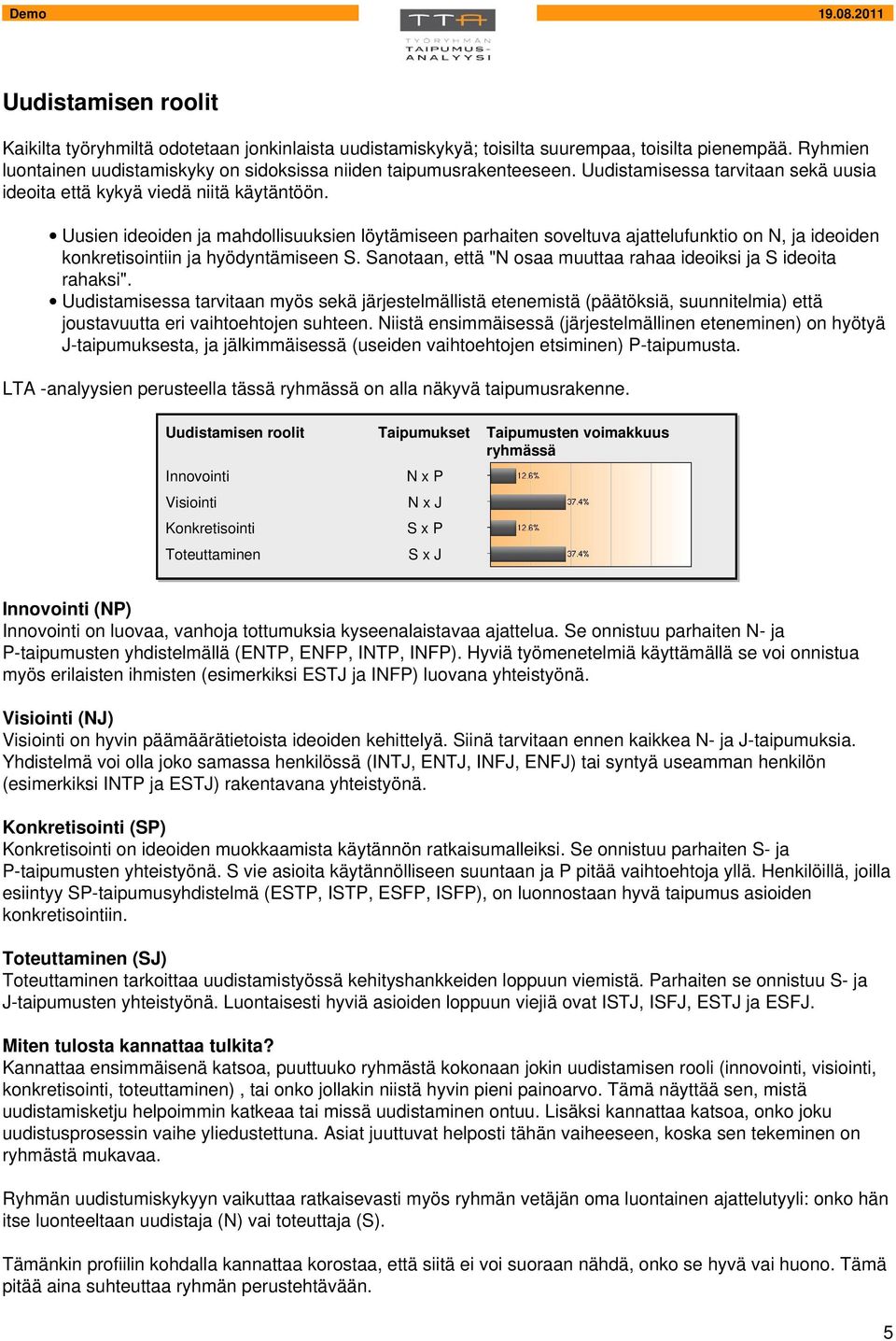 Uusien ideoiden ja mahdollisuuksien löytämiseen parhaiten soveltuva ajattelufunktio on N, ja ideoiden konkretisointiin ja hyödyntämiseen S.