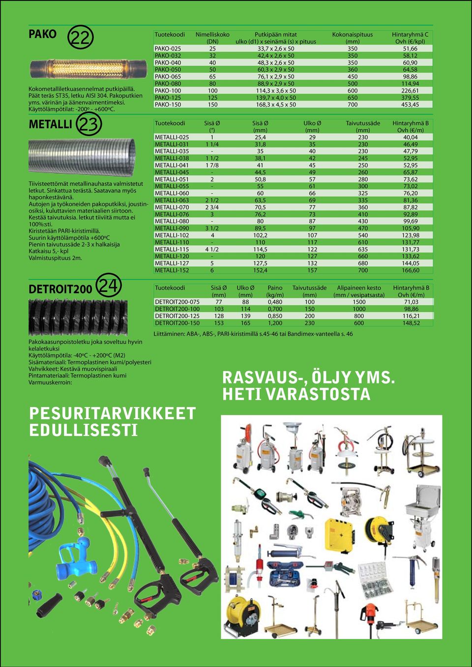 Autojen ja työkoneiden pakoputkiksi, joustinosiksi, kuluttavien materiaalien siirtoon. Kestää taivutuksia. letkut tiiviitä mutta ei 100%:sti. Kiristetään PARI-kiristimillä.