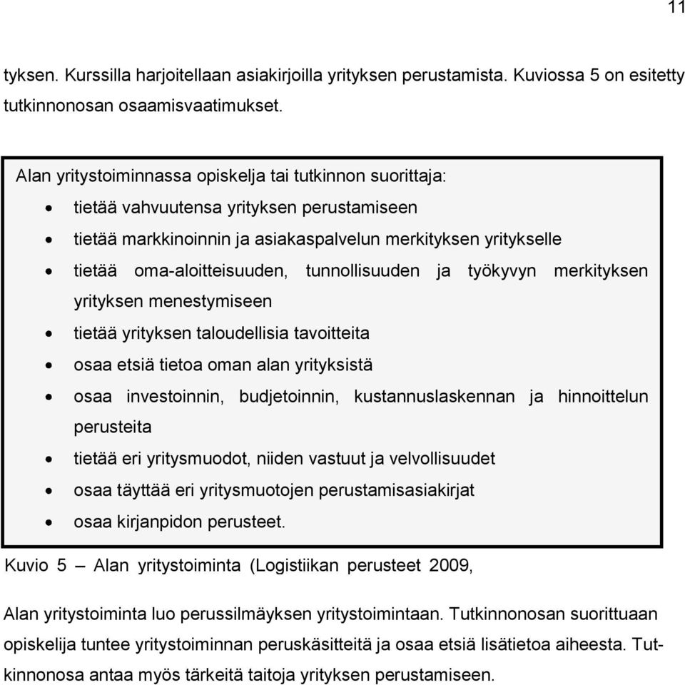 tunnollisuuden ja työkyvyn merkityksen yrityksen menestymiseen tietää yrityksen taloudellisia tavoitteita osaa etsiä tietoa oman alan yrityksistä osaa investoinnin, budjetoinnin, kustannuslaskennan