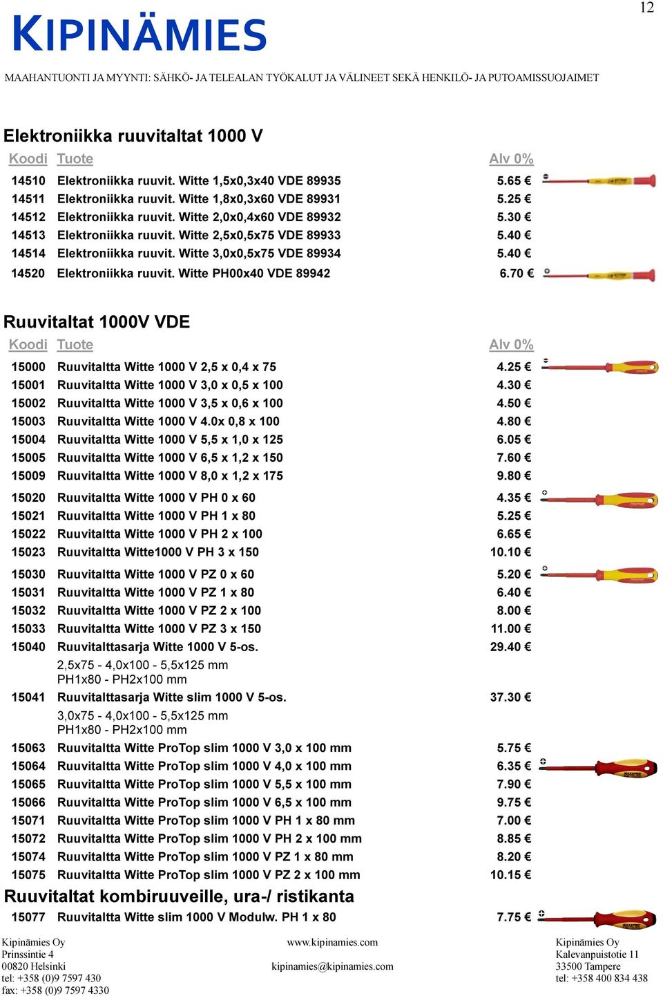 Witte PH00x40 VDE 89942 6.70 Ruuvitaltat 1000V VDE 15000 Ruuvitaltta Witte 1000 V 2,5 x 0,4 x 75 4.25 15001 Ruuvitaltta Witte 1000 V 3,0 x 0,5 x 100 4.