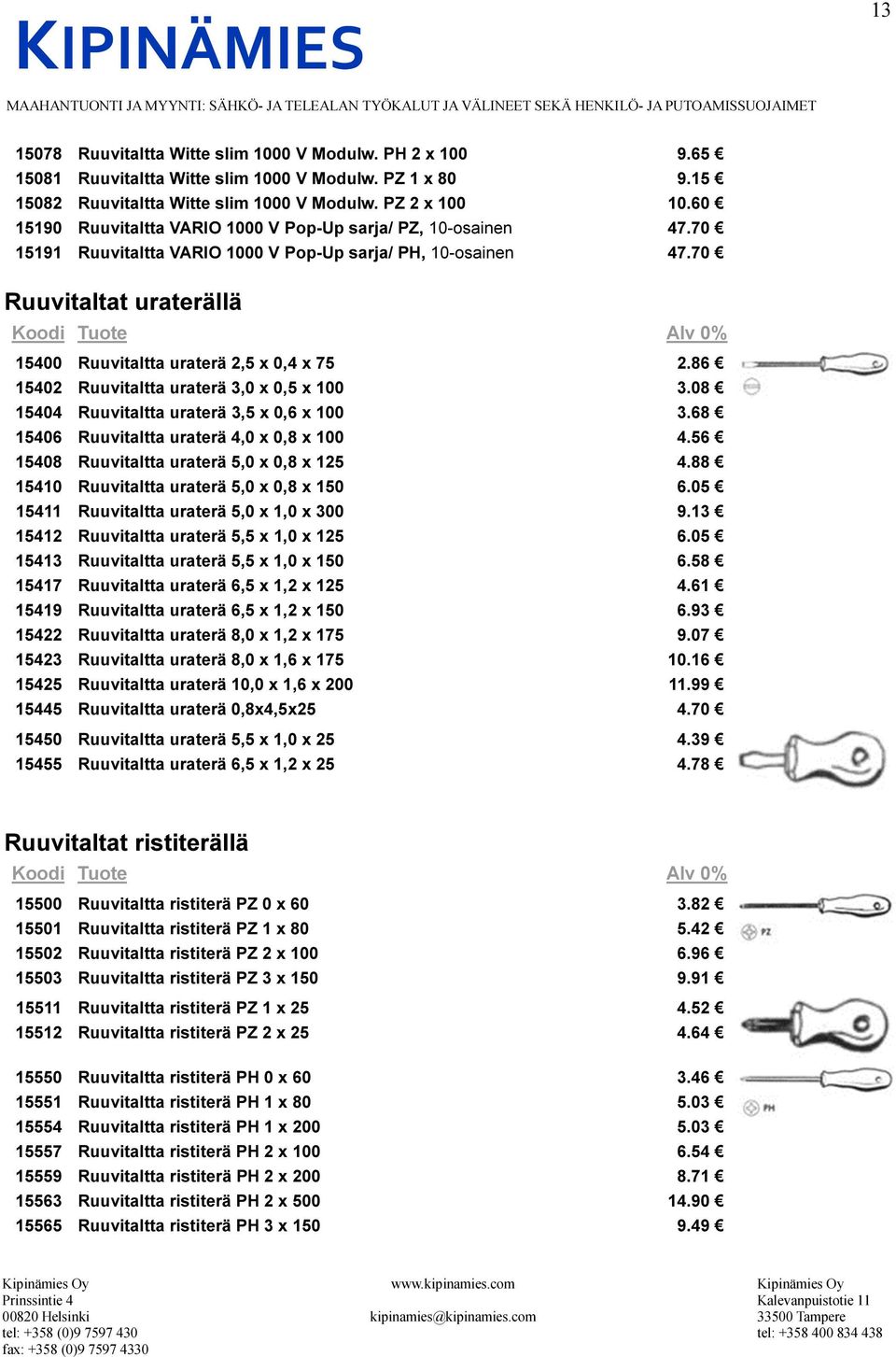 70 Ruuvitaltat uraterällä 15400 Ruuvitaltta uraterä 2,5 x 0,4 x 75 2.86 15402 Ruuvitaltta uraterä 3,0 x 0,5 x 100 3.08 15404 Ruuvitaltta uraterä 3,5 x 0,6 x 100 3.