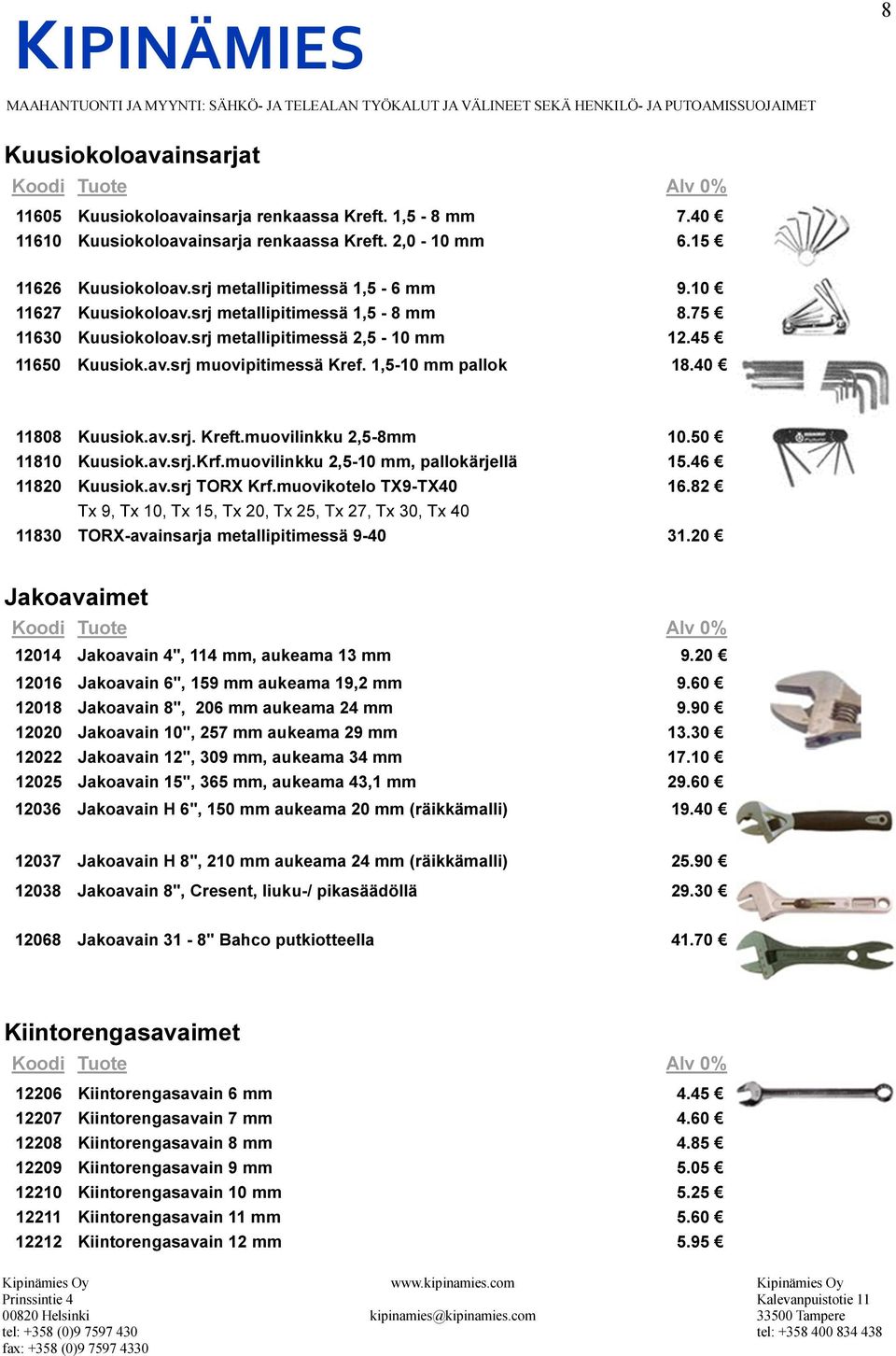 muovilinkku 2,5-8mm 10.50 11810 Kuusiok.av.srj.Krf.muovilinkku 2,5-10 mm, pallokärjellä 15.46 11820 Kuusiok.av.srj TORX Krf.muovikotelo TX9-TX40 16.