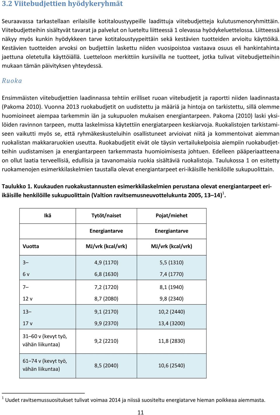 Liitteessä näkyy myös kunkin hyödykkeen tarve kotitaloustyypeittäin sekä kestävien tuotteiden arvioitu käyttöikä.