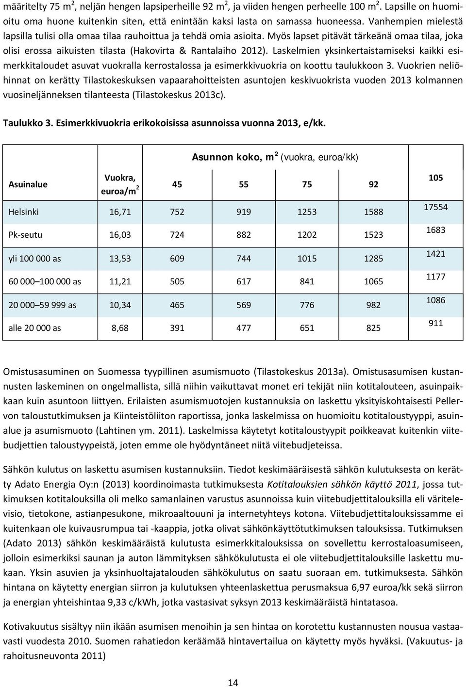 Laskelmien yksinkertaistamiseksi kaikki esimerkkitaloudet asuvat vuokralla kerrostalossa ja esimerkkivuokria on koottu taulukkoon 3.