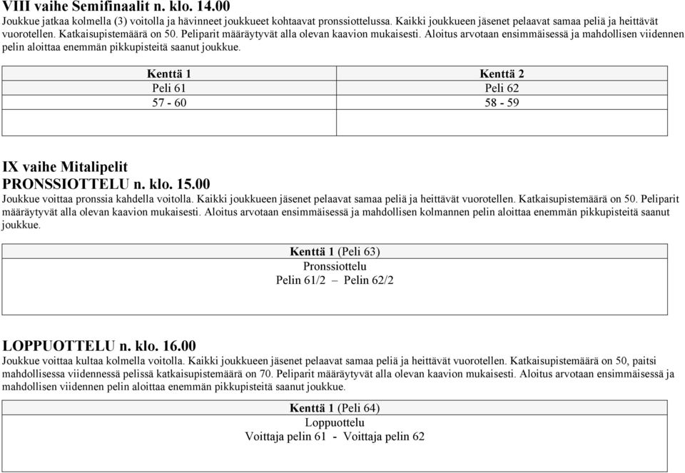 Kenttä 1 Kenttä 2 Peli 61 Peli 62 57-60 58-59 IX vaihe Mitalipelit PRONSSIOTTELU n. klo. 15.00 Joukkue voittaa pronssia kahdella voitolla.