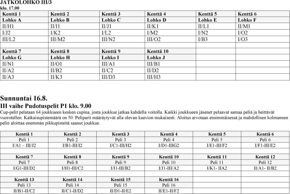 I/B3 I/O3 Kenttä 7 Kenttä 8 Kenttä 9 Kenttä 10 Lohko G Lohko H Lohko I Lohko J II/N1 II/O1 III/A1 III/B1 II/A2 II/B2 II/C2 II/D2 II/A3 II/K3 III/D3 III/H3 Sunnuntai 16.8. III vaihe Pudotuspelit P1 klo.