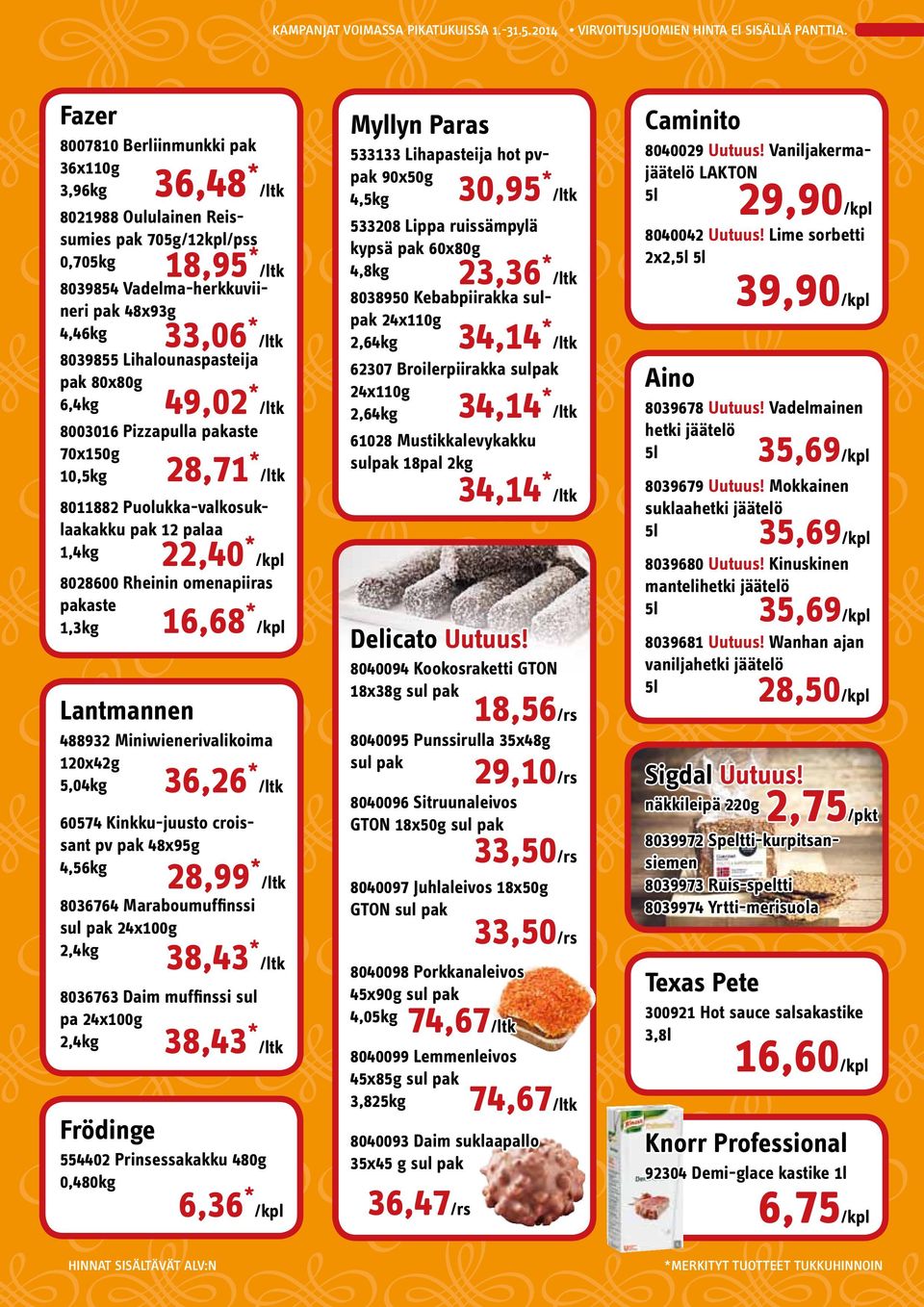 22,40 * /kpl 16,68 * /kpl Lantmannen 488932 Miniwienerivalikoima 120x42g 5,04kg 36,26 * /ltk 60574 Kinkku-juusto croissant pv pak 48x95g 4,56kg 28,99 * /ltk 8036764 Maraboumuffinssi sul pak 24x100g