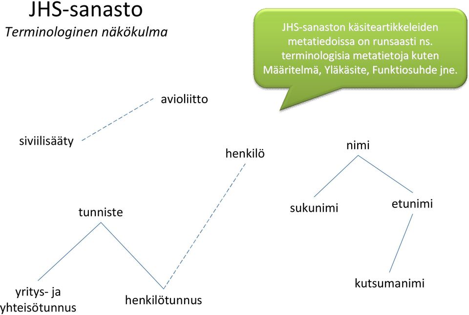 terminologisia metatietoja kuten Määritelmä,, Yläkäsite, Funktiosuhde