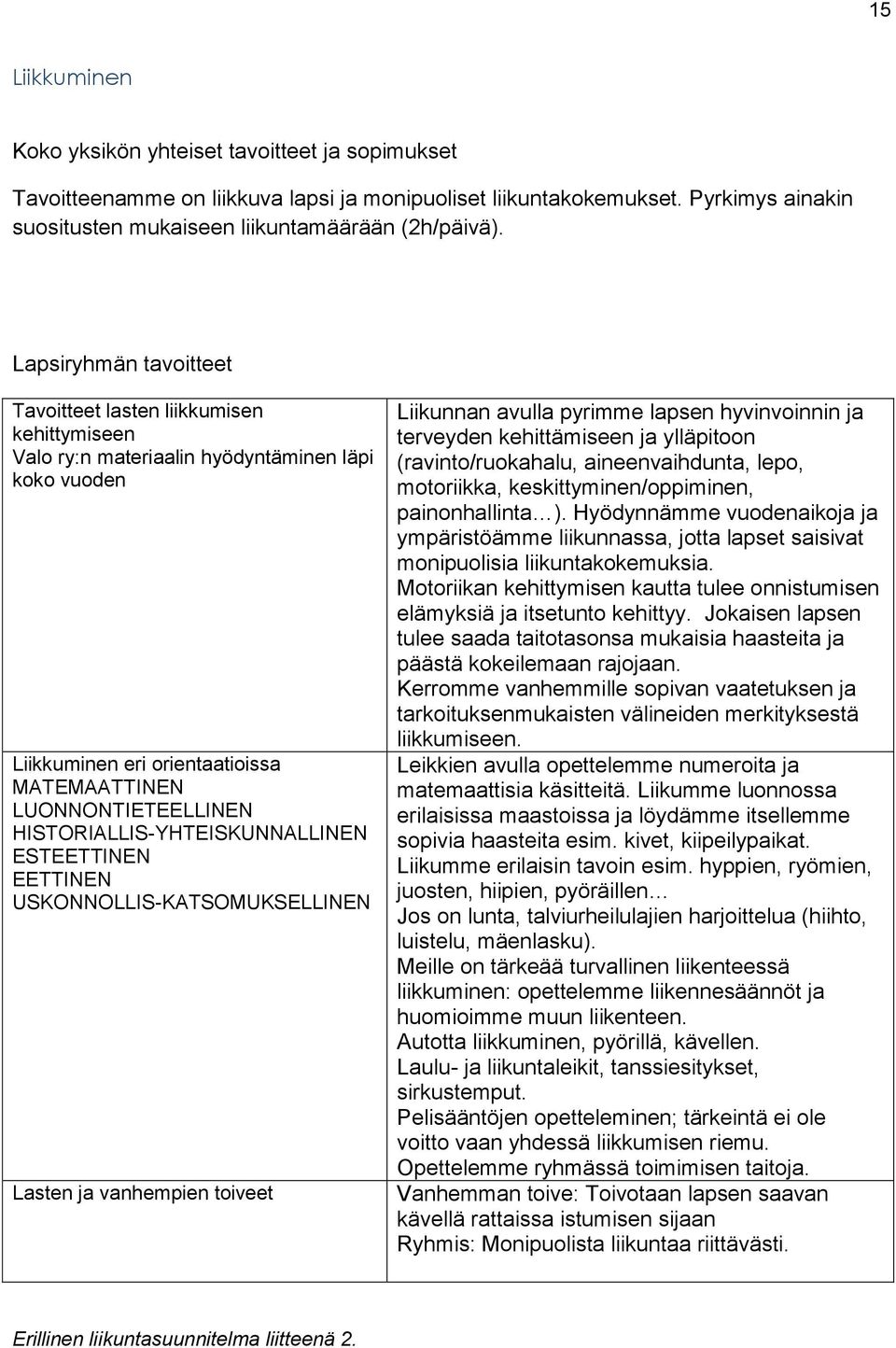 HISTORIALLIS-YHTEISKUNNALLINEN ESTEETTINEN EETTINEN USKONNOLLIS-KATSOMUKSELLINEN Lasten ja vanhempien toiveet Liikunnan avulla pyrimme lapsen hyvinvoinnin ja terveyden kehittämiseen ja ylläpitoon