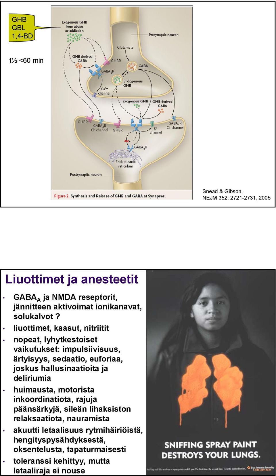 liuottimet, kaasut, nitriitit nopeat, lyhytkestoiset vaikutukset: impulsiivisuus, ärtyisyys, sedaatio, euforiaa, joskus hallusinaatioita ja