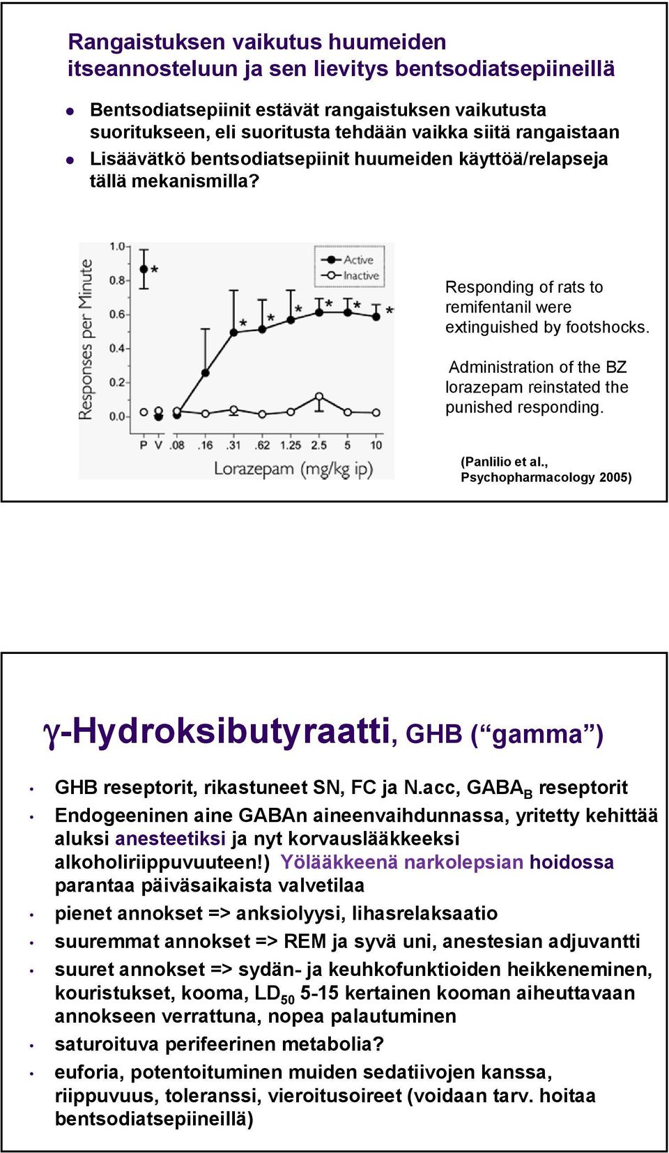 Administration of the BZ lorazepam reinstated the punished responding. (Panlilio et al., Psychopharmacology 2005) -Hydroksibutyraatti, GHB ( gamma ) GHB reseptorit, rikastuneet SN, FC ja N.