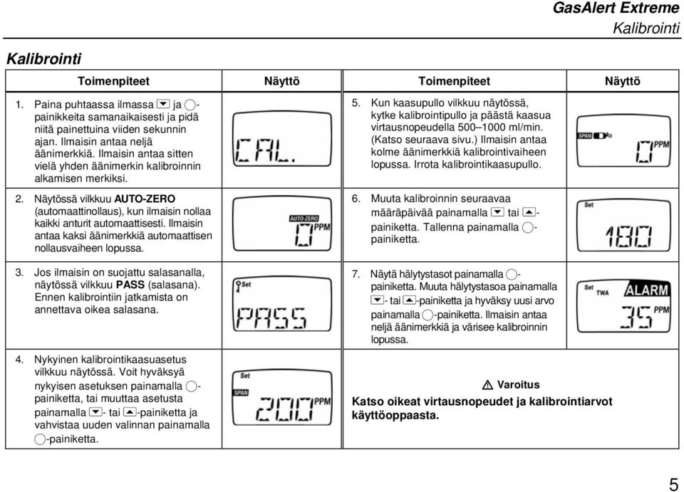 Näytössä vilkkuu AUTO-ZERO (automaattinollaus), kun ilmaisin nollaa kaikki anturit automaattisesti. Ilmaisin antaa kaksi äänimerkkiä automaattisen nollausvaiheen lopussa. 3.