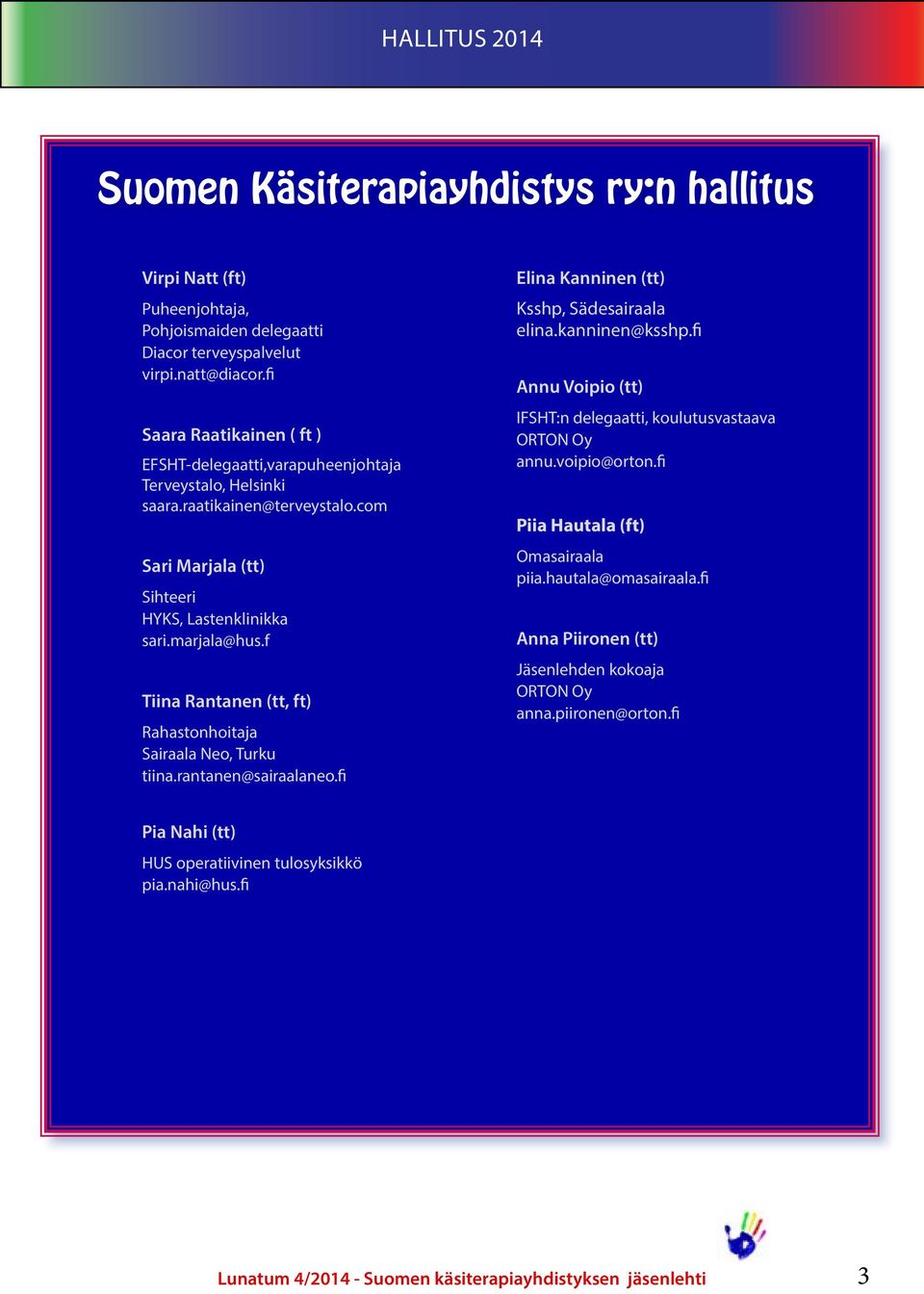 f Tiina Rantanen (tt, ft) Rahastonhoitaja Sairaala Neo, Turku tiina.rantanen@sairaalaneo.fi Elina Kanninen (tt) Ksshp, Sädesairaala elina.kanninen@ksshp.