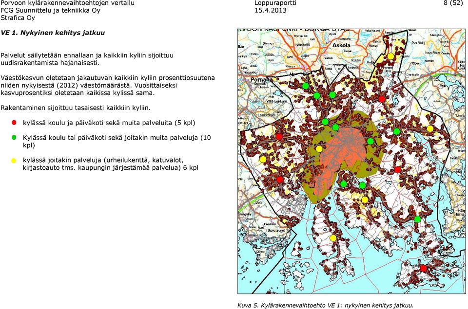 Vuosittaiseksi kasvuprosentiksi oletetaan kaikissa kylissä sama. Rakentaminen sijoittuu tasaisesti kaikkiin kyliin.