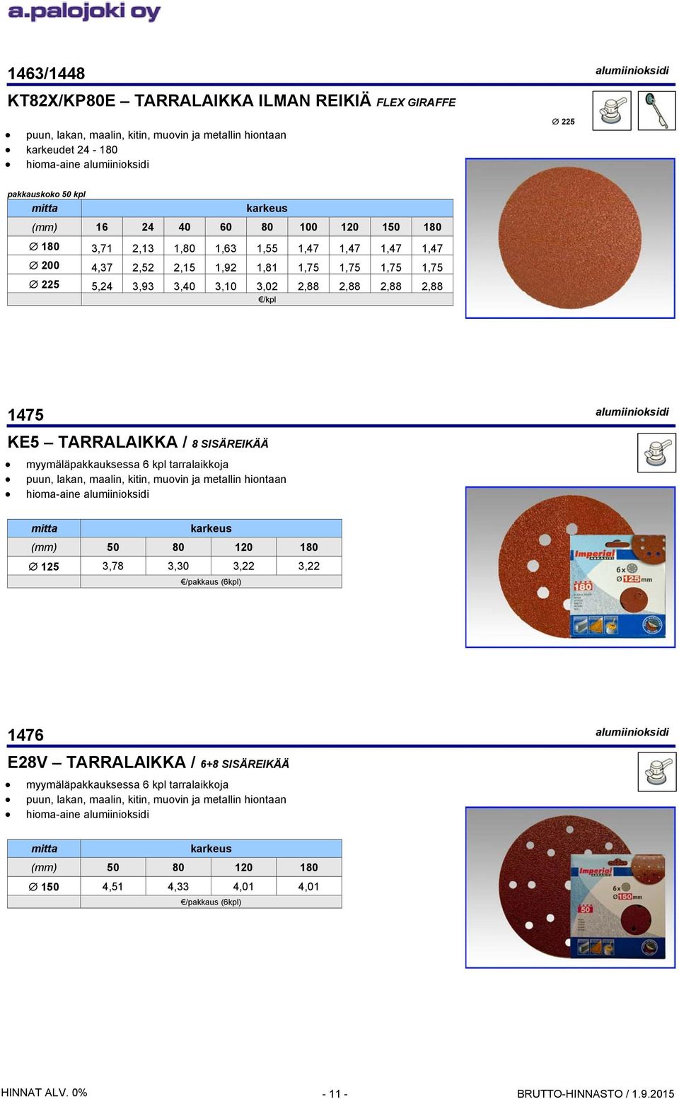 1475 alumiinioksidi KE5 TARRALAIKKA / 8 SISÄREIKÄÄ myymäläpakkauksessa 6 kpl tarralaikkoja puun, lakan, maalin, kitin, muovin ja metallin hiontaan hioma-aine alumiinioksidi mitta karkeus (mm) 50 80