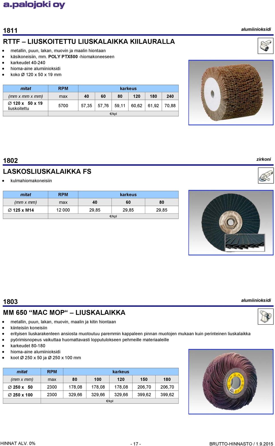 60,62 61,92 70,88 1802 zirkoni LASKOSLIUSKALAIKKA FS kulmahiomakoneisiin RPM karkeus (mm x mm) max 40 60 80 125 x M14 12 000 29,85 29,85 29,85 1803 alumiinioksidi MM 650 MAC MOP LIUSKALAIKKA