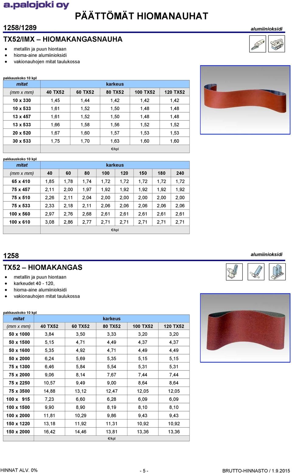 1,53 30 x 533 1,75 1,70 1,63 1,60 1,60 pakkauskoko 10 kpl karkeus (mm x mm) 40 60 80 100 120 150 180 240 65 x 410 1,85 1,78 1,74 1,72 1,72 1,72 1,72 1,72 75 x 457 2,11 2,00 1,97 1,92 1,92 1,92 1,92