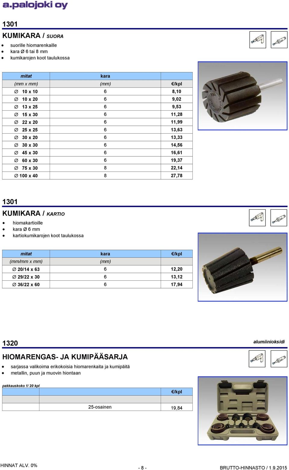 hiomakartioille kara Ø 6 mm kartiokumikarojen koot taulukossa kara (mm/mm x mm) (mm) 20/14 x 63 6 12,20 29/22 x 30 6 13,12 36/22 x 60 6 17,94 1320 alumiinioksidi