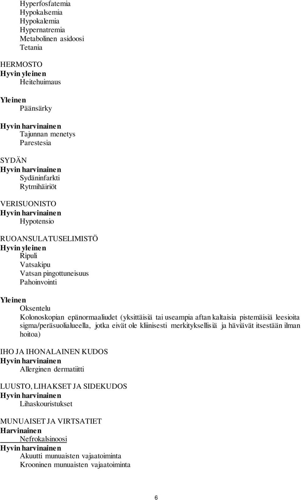 tai useampia aftan kaltaisia pistemäisiä leesioita sigma/peräsuolialueella, jotka eivät ole kliinisesti merkityksellisiä ja häviävät itsestään ilman hoitoa) IHO JA IHONALAINEN KUDOS