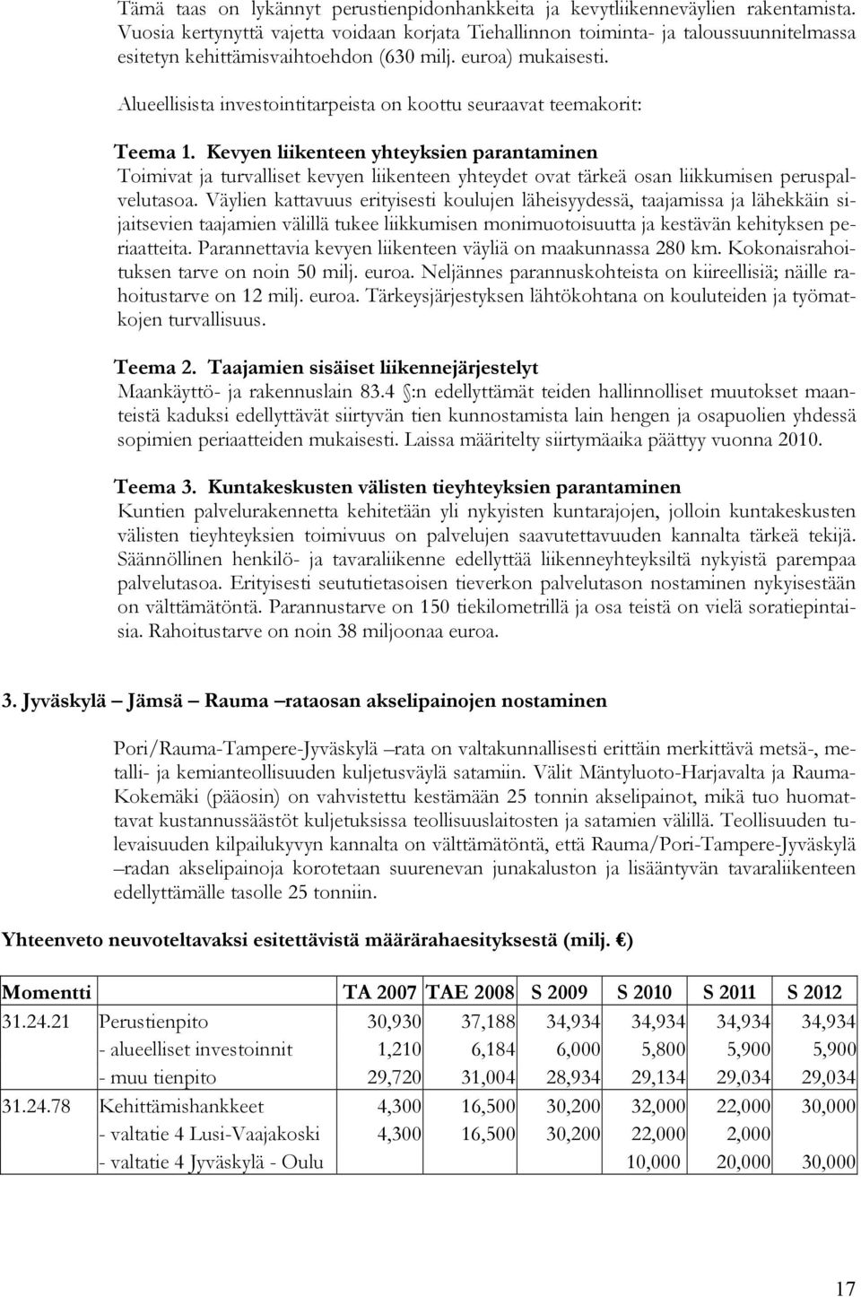 Alueellisista investointitarpeista on koottu seuraavat teemakorit: Teema 1.