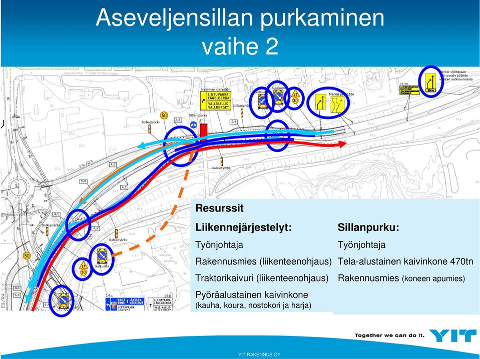 (liikenteenohjaus) Pyöräalustainen kaivinkone (kauha, koura, nostokori ja