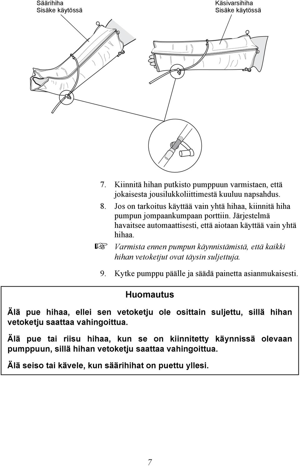 Varmista ennen pumpun käynnistämistä, että kaikki hihan vetoketjut ovat täysin suljettuja. 9. Kytke pumppu päälle ja säädä painetta asianmukaisesti.