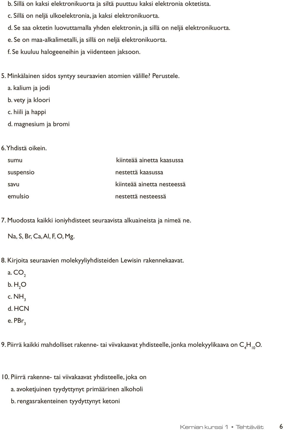 Minkälainen sidos syntyy seuraavien atomien välille? Perustele. a. kalium ja jodi b. vety ja kloori c. hiili ja happi d. magnesium ja bromi 6. Yhdistä oikein.