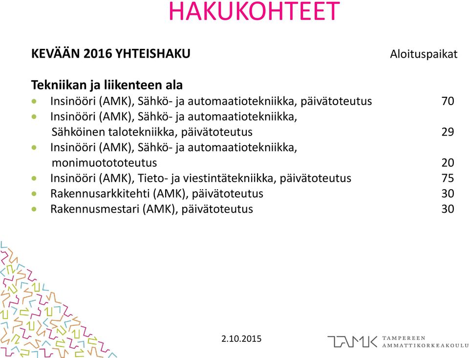 päivätoteutus 29 Insinööri (AMK), Sähkö- ja automaatiotekniikka, monimuotototeutus 20 Insinööri (AMK), Tieto-