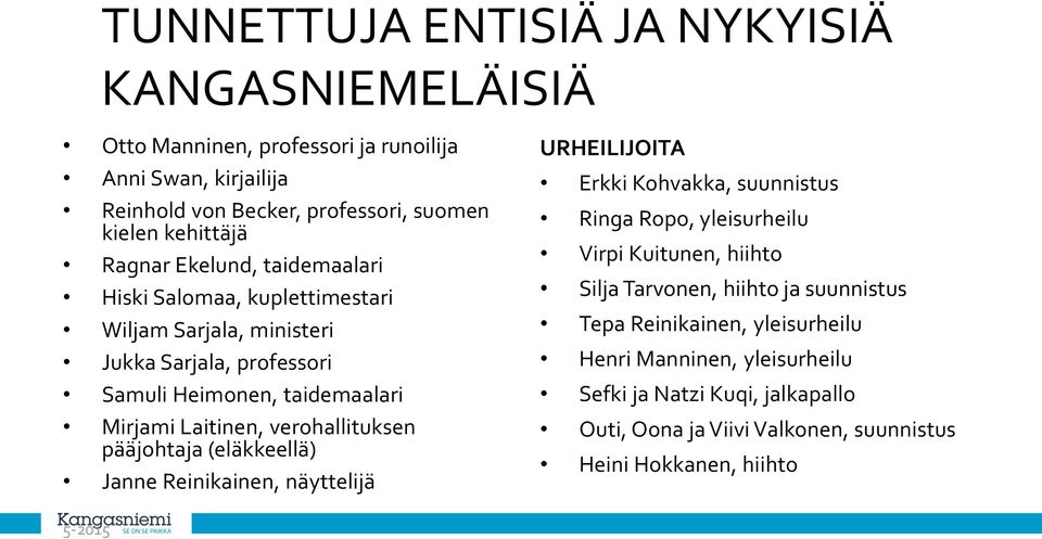 verohallituksen pääjohtaja (eläkkeellä) Janne Reinikainen, näyttelijä URHEILIJOITA Erkki Kohvakka, suunnistus Ringa Ropo, yleisurheilu Virpi Kuitunen, hiihto Silja