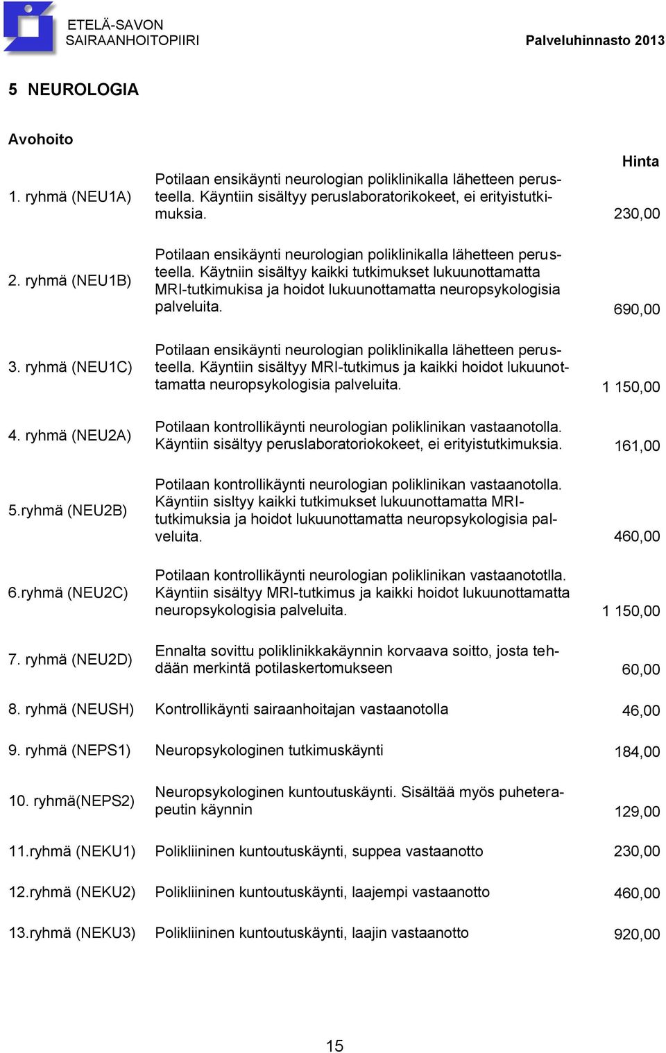 Käytniin sisältyy kaikki tutkimukset lukuunottamatta MRI-tutkimukisa ja hoidot lukuunottamatta neuropsykologisia palveluita. 690,00 3. ryhmä (NEU1C) 4. ryhmä (NEU2A) 5.ryhmä (NEU2B) 6.ryhmä (NEU2C) 7.