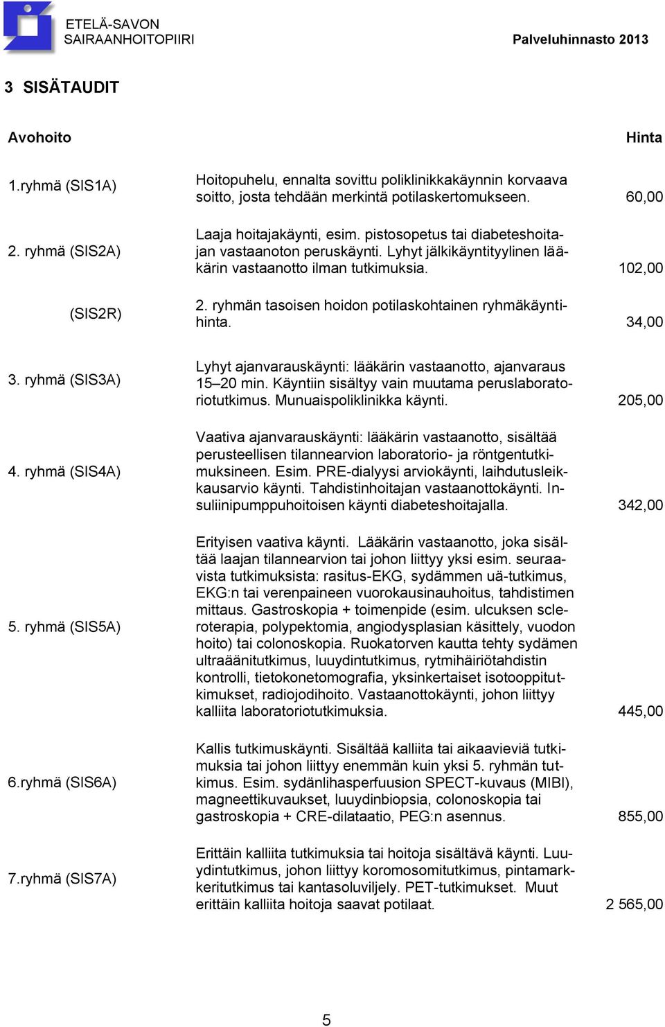 ryhmän tasoisen hoidon potilaskohtainen ryhmäkäyntihinta. 34,00 3. ryhmä (SIS3A) 4. ryhmä (SIS4A) 5. ryhmä (SIS5A) 6.ryhmä (SIS6A) 7.