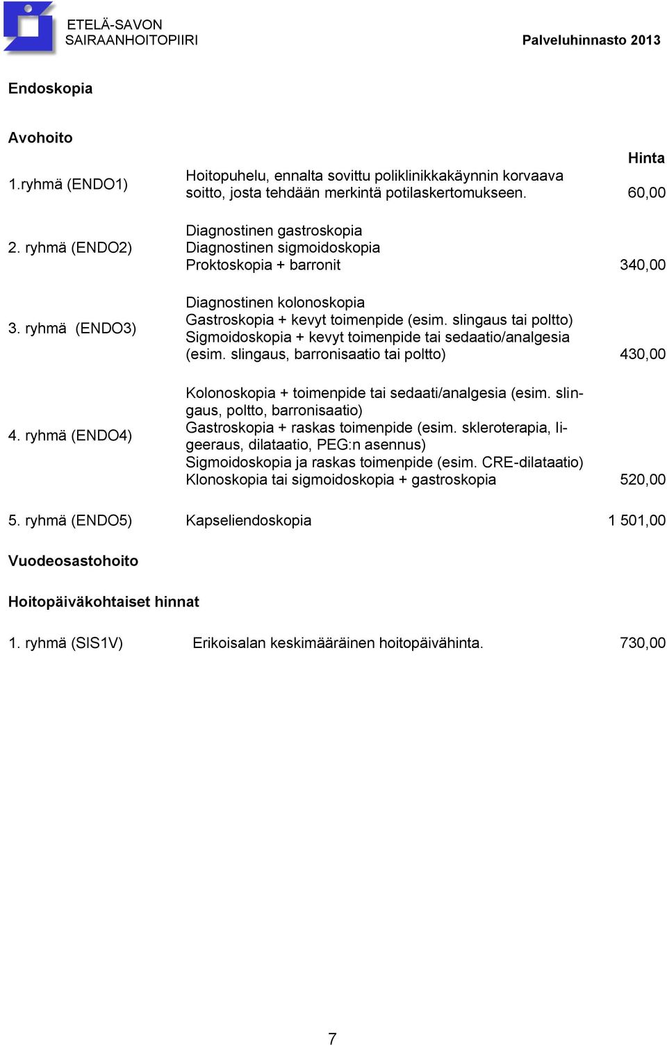 slingaus tai poltto) Sigmoidoskopia + kevyt toimenpide tai sedaatio/analgesia (esim. slingaus, barronisaatio tai poltto) 430,00 Kolonoskopia + toimenpide tai sedaati/analgesia (esim.