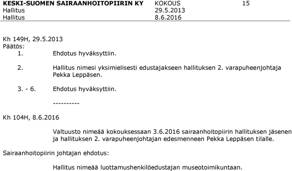 Kh 104H, ---------- Valtuusto nimeää kokouksessaan 3.6.